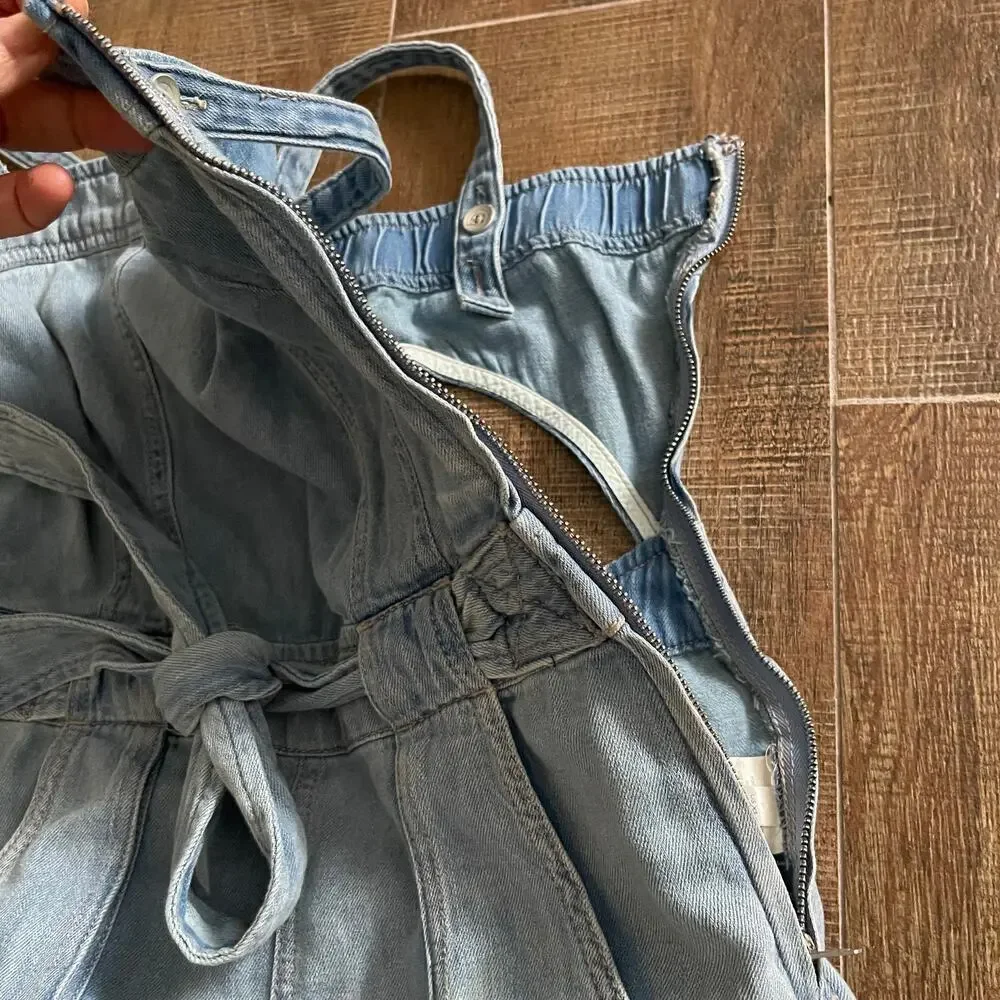 Free People Women's West Denim Utility Jumpsuit OB1160882 Mirage Blue Size Small